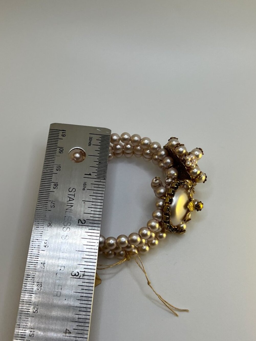 Vintage Miriam Haskell-Style Pearl & Rhinestone Memory-Wire Cuff Bracelet